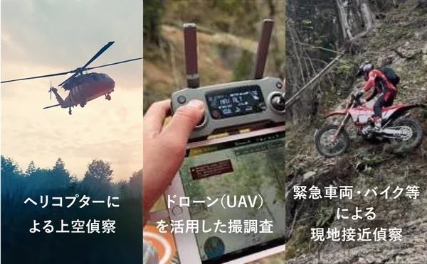 ヘリコプターによる上空偵察、ドローン(UAV)を活用した撮調査、緊急車両・バイク等による現地接近偵察